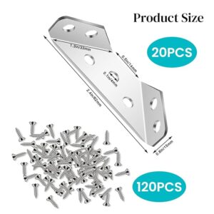 Serplex® 20Pcs Furniture Corner Connectors with 120Pcs Screws, Heavy Duty Stainless Steel Angle Corner Connectors Corner Brackets Metal Corner Braces for Wood Cabinets, Shelves, Furniture Assembly